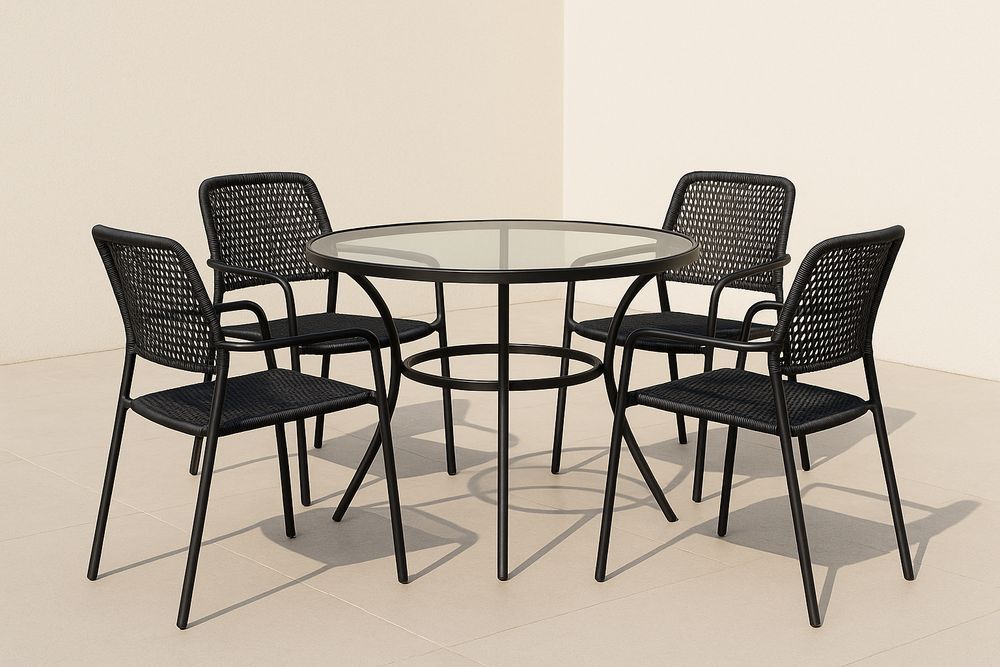 Ensemble de jardin avec table en verre et chaises en résine tressée Noire-Nordlinea