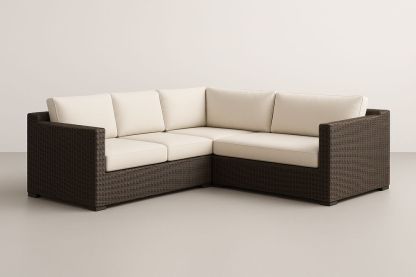 Canapé d'angle extérieur en résine tressée avec coussins crème-Nordlinea