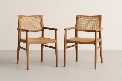 Ensemble de 2 chaises en chêne avec accoudoirs et rotin marron clair-Nordlinea
