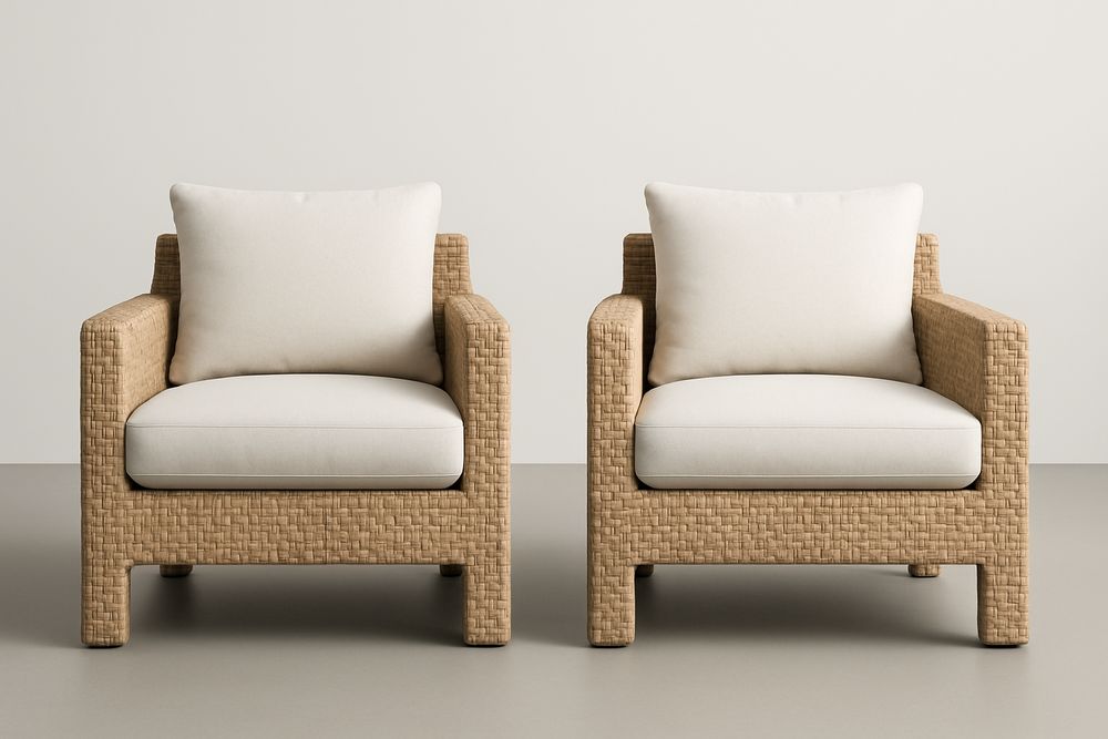 Ensemble de 2 fauteuils en résine tressée beige avec coussins blancs-Nordlinea