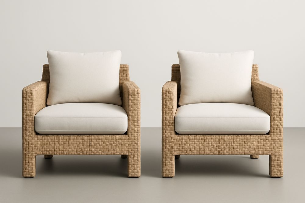 Ensemble de 2 fauteuils en résine tressée beige avec coussins blancs-Nordlinea