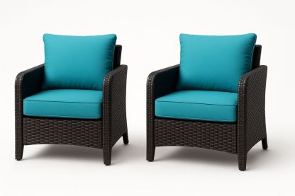 Lot de 2 fauteuils d'extérieur en rotin synthétique brun coussins turquoise-Nordlinea