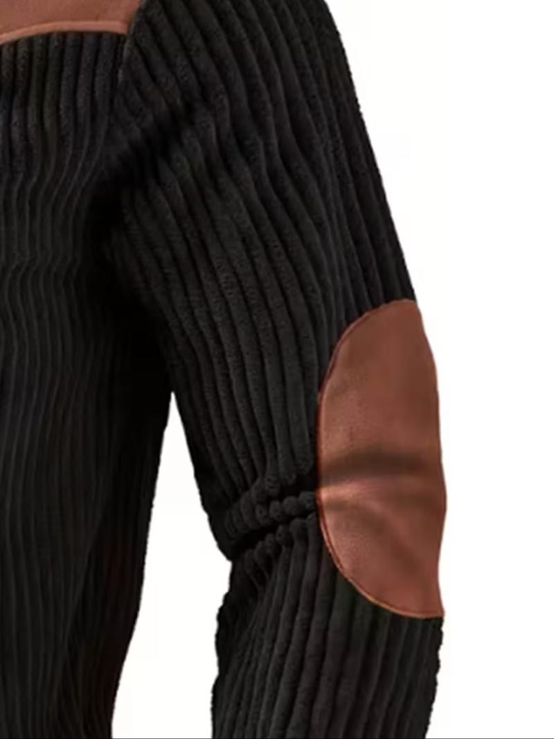 Men's Stand Collar Pullover Sweater, Autumn Winter Warm Half Zip Cow Head Print Patchwork Ribbed Vintage Streetwear