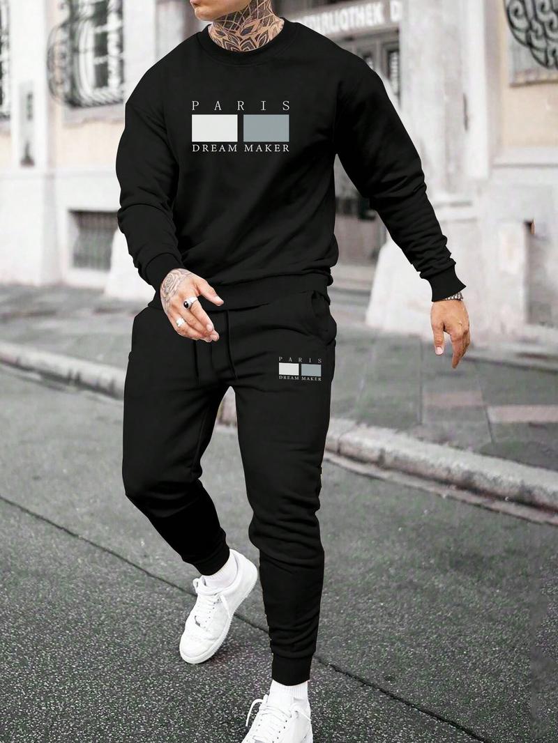 Two-piece Set&nbsp;Men's Letter Print Sweatshirt & Drawstring Waist Sweatpants, Regular Fit Round Neck Long Sleeve Pullover & Pocket Jogger Pants, Casual Fashion Cozy Breathable Men Two-piece Outfits for Fall & Winter