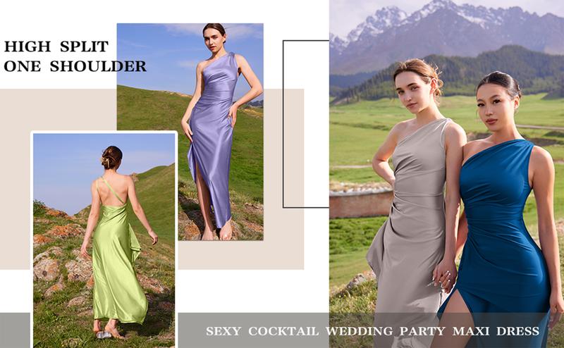OYS Women's Sexy One Shoulder Satin High Split Cocktail Fit Wedding Party Maxi Formal Dress
