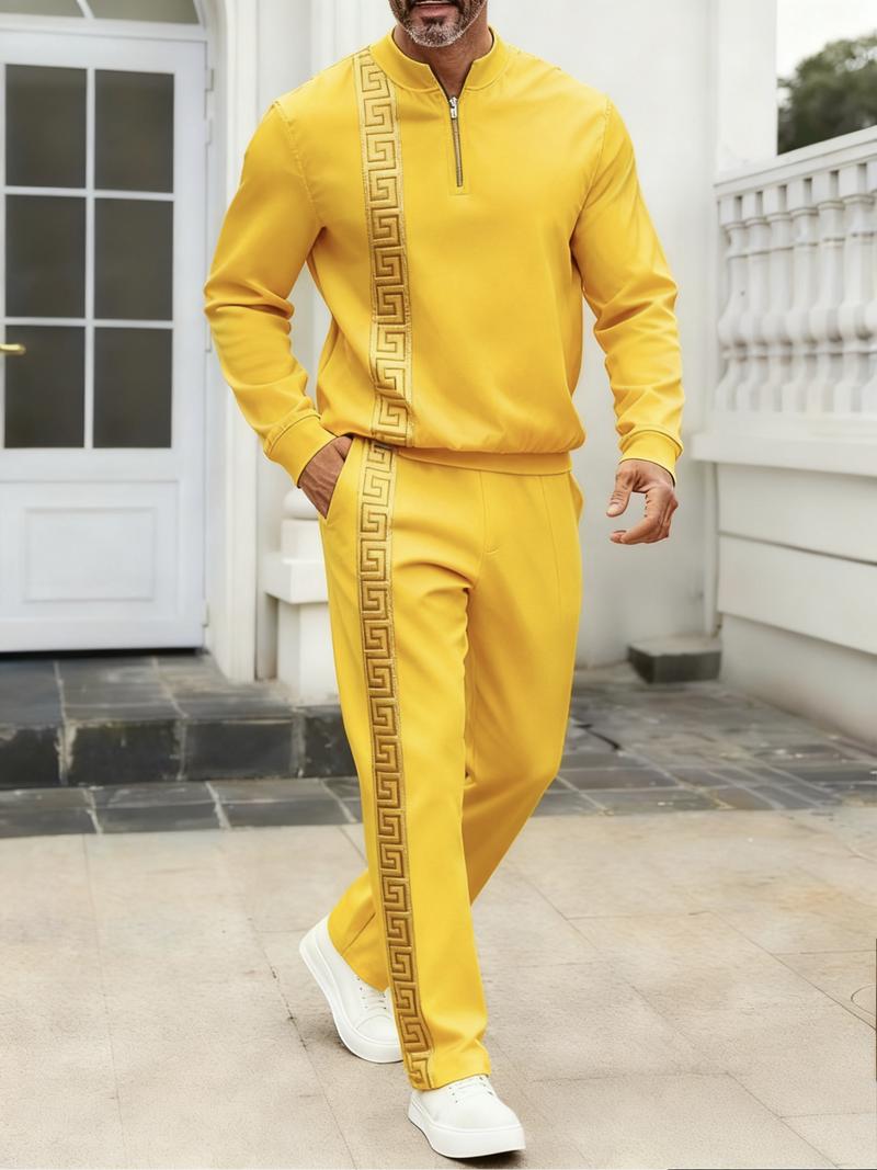 Men's fashionable casual zipper stand up collar long sleeved pants set, polyester fiber material two-piece set, pattern design, elastic waistband, suitable for vacation