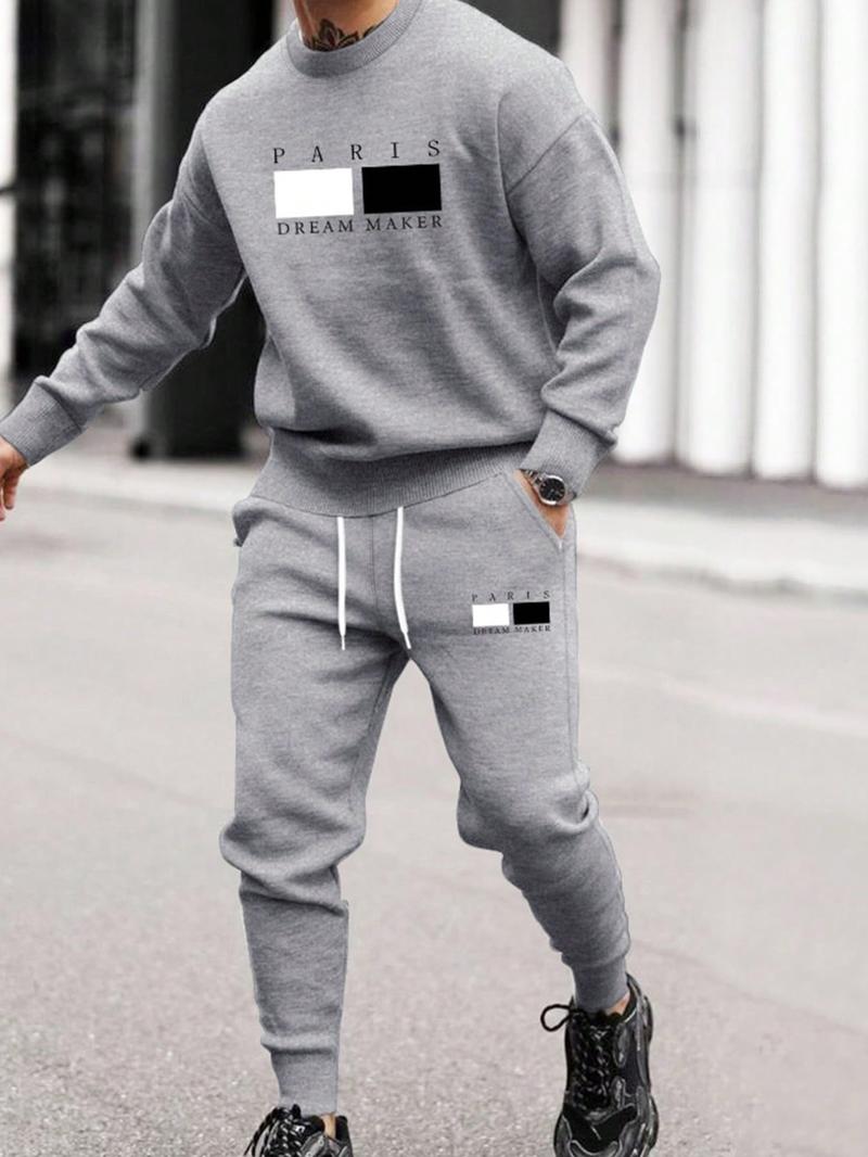 Two-piece Set&nbsp;Men's Letter Print Sweatshirt & Drawstring Waist Sweatpants, Regular Fit Round Neck Long Sleeve Pullover & Pocket Jogger Pants, Casual Fashion Cozy Breathable Men Two-piece Outfits for Fall & Winter