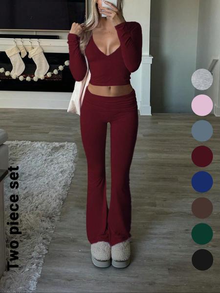 Slim-Fit Crop Top & Pants Two-Piece Set, Solid Color V-Neck Long Sleeve for Fall and Winter, Airport Outfit