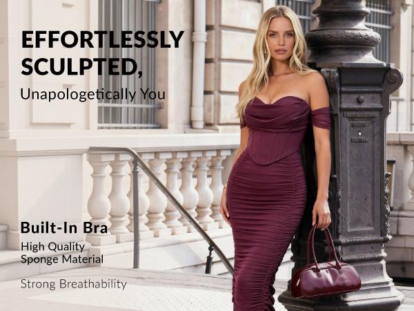 CurvySweet Women's Off The Shoulder Cocktail Midi Dress with Built-in Bra Ruched Bodycon Corset for Fall Homecoming Wedding Guest Formal Party - Sleeveless