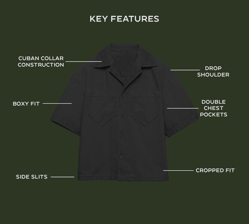 ANANKE Cropped Cuban Button Down Shirt - Short Sleeve Drop Shoulder Oversized Top with Pockets & Side Slits for Men