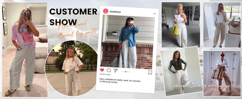 Tanming Women's Barrel Leg Pants Basic or Fleece Lined Elasticated Waistband Soft Wide Leg Pants with Pockets Casual Sweatpants FallFreshness