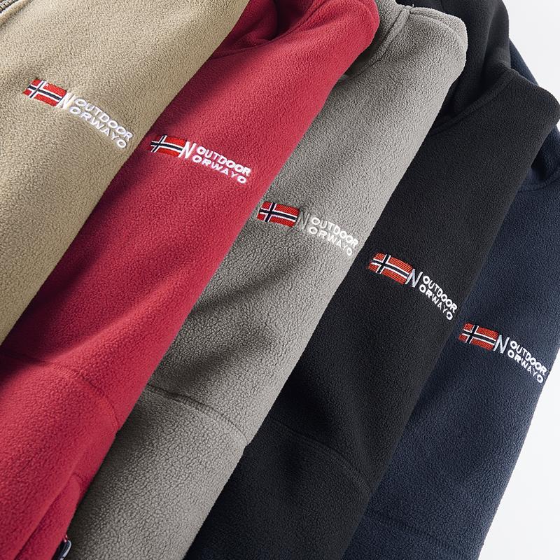 Men's Outdoor Heavyweight Fleece Jacket - Double-Sided Warm Hooded Coat with Full Zip, Multi Pockets & Machine Washable Polyester for Camping Hiking Casual Wear