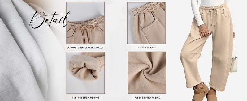 Tanming Women's Barrel Leg Pants Basic or Fleece Lined Elasticated Waistband Soft Wide Leg Pants with Pockets Casual Sweatpants FallFreshness