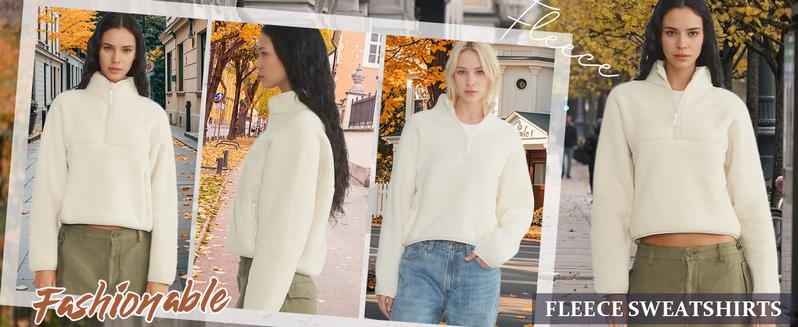 Hixiaohe Womens Fleece Sweatshirts Cropped Half Zip Fuzzy Warm Sherpa Pullover Varsity Jackets with Zipper Pockets