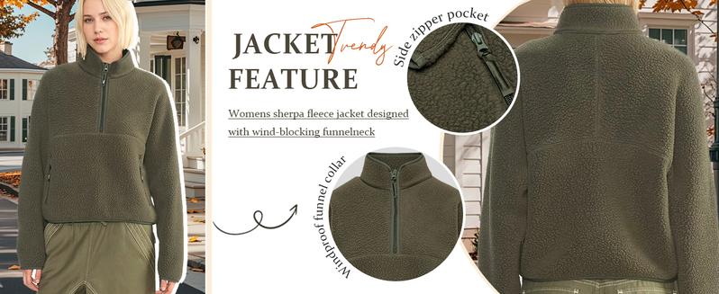 Hixiaohe Womens Fleece Sweatshirts Cropped Half Zip Fuzzy Warm Sherpa Pullover Varsity Jackets with Zipper Pockets