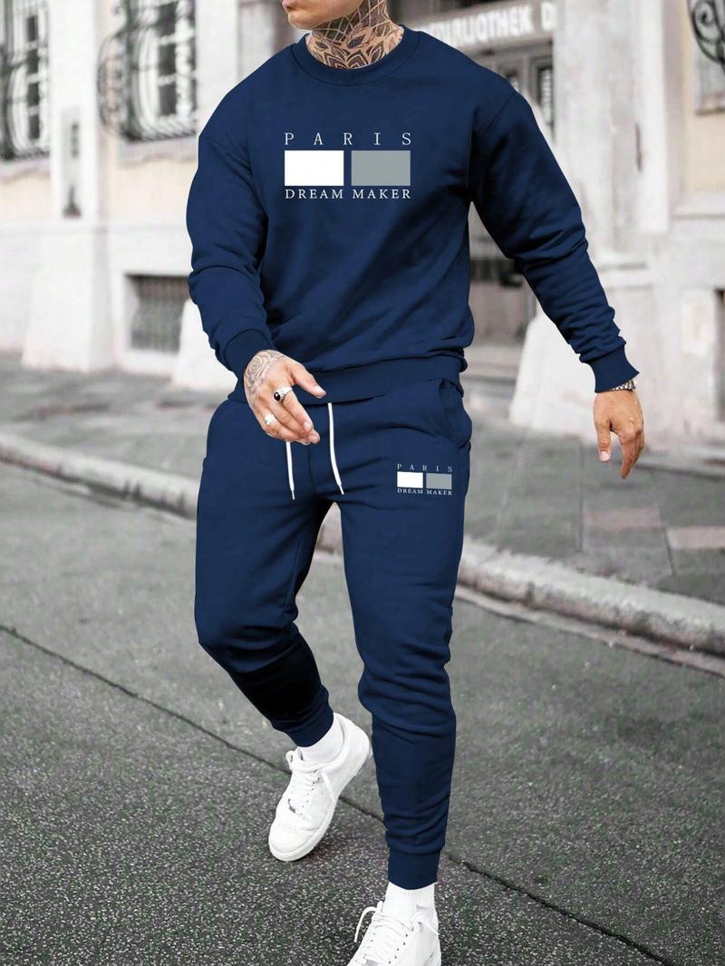 Two-piece Set&nbsp;Men's Letter Print Sweatshirt & Drawstring Waist Sweatpants, Regular Fit Round Neck Long Sleeve Pullover & Pocket Jogger Pants, Casual Fashion Cozy Breathable Men Two-piece Outfits for Fall & Winter