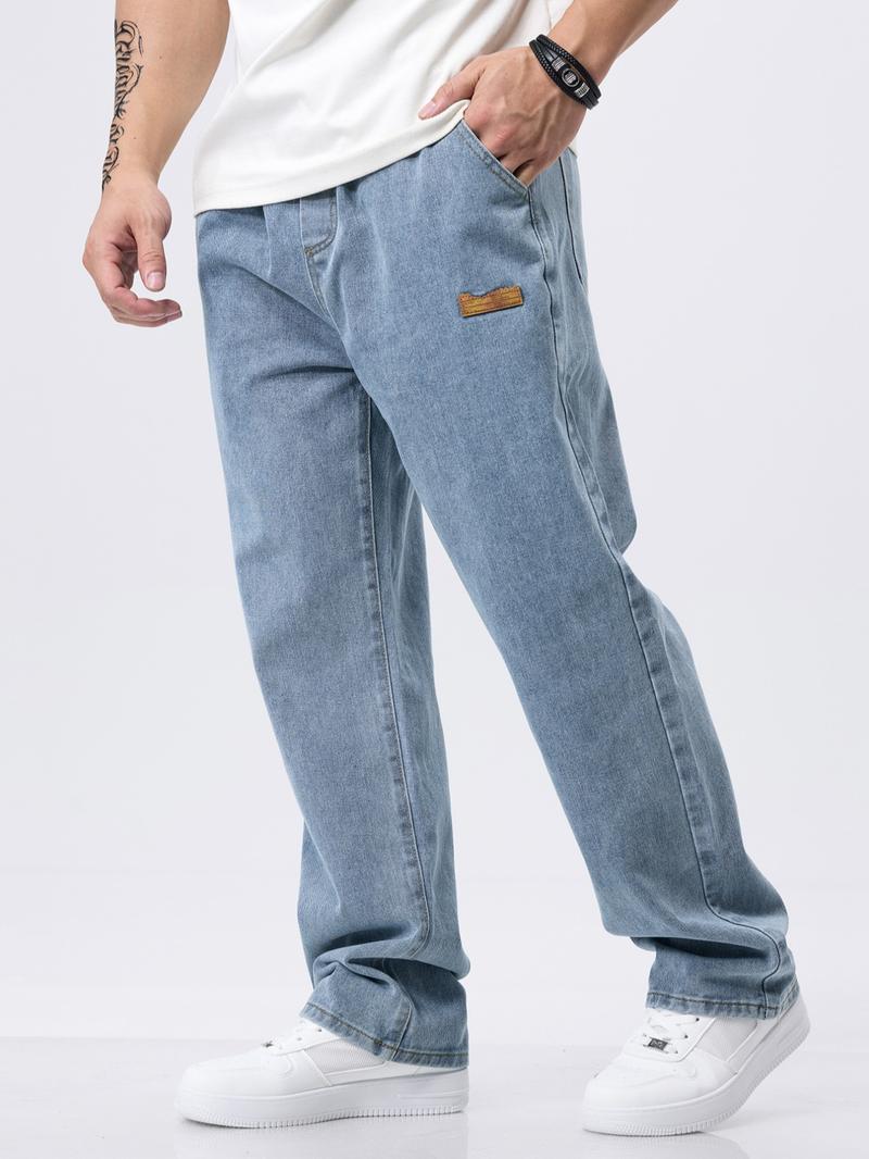 Men's drawstring elastic waist washed and distressed loose straight-leg jeans, non-stretchy denim pants, comfortable and loose fit. Suitable for daily casual wear, urban gatherings, and weekend fashion looks. A must-have trendy men's pants 🔥