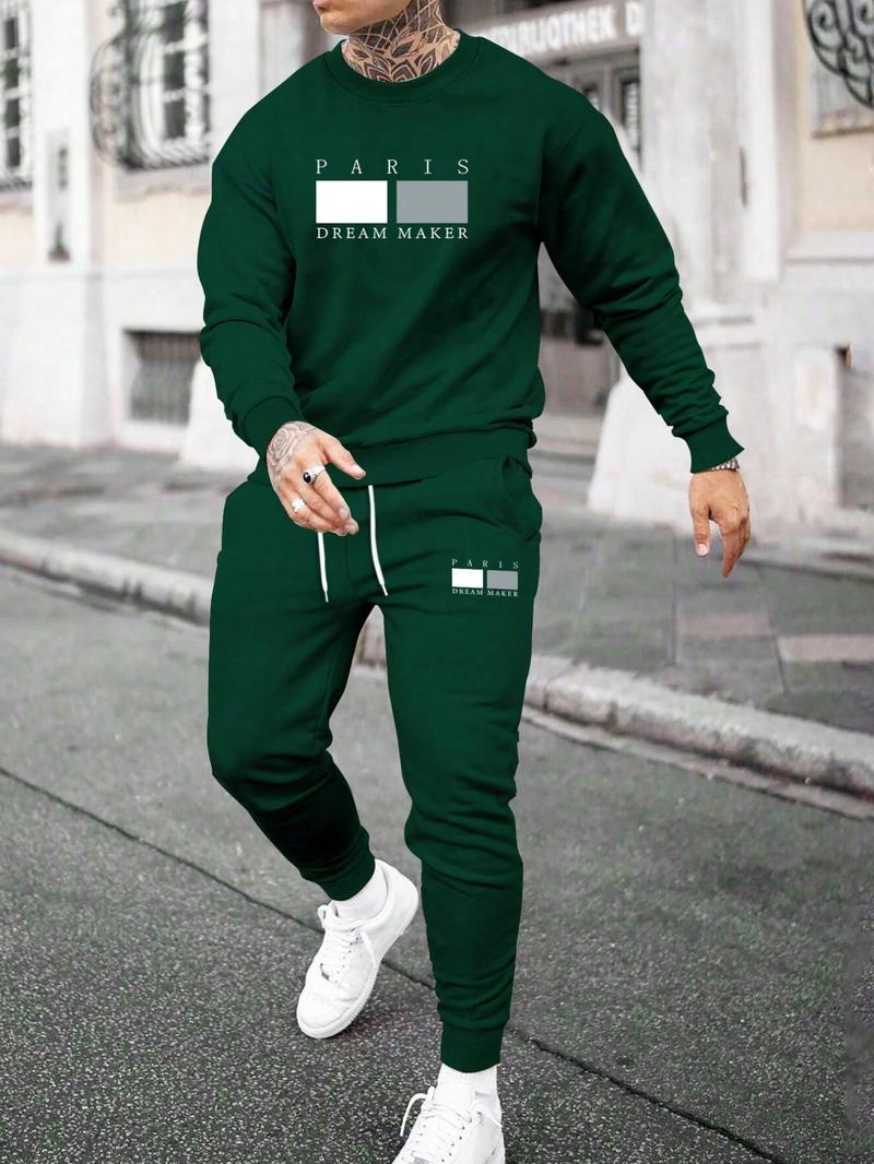 Two-piece Set&nbsp;Men's Letter Print Sweatshirt & Drawstring Waist Sweatpants, Regular Fit Round Neck Long Sleeve Pullover & Pocket Jogger Pants, Casual Fashion Cozy Breathable Men Two-piece Outfits for Fall & Winter
