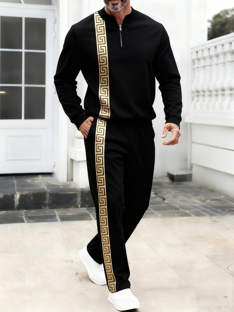 Men's fashionable casual zipper stand up collar long sleeved pants set, polyester fiber material two-piece set, pattern design, elastic waistband, suitable for vacation