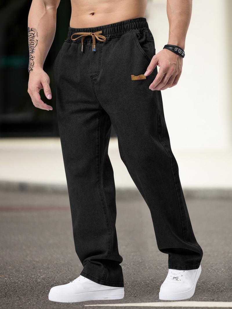 Men's drawstring elastic waist washed and distressed loose straight-leg jeans, non-stretchy denim pants, comfortable and loose fit. Suitable for daily casual wear, urban gatherings, and weekend fashion looks. A must-have trendy men's pants 🔥