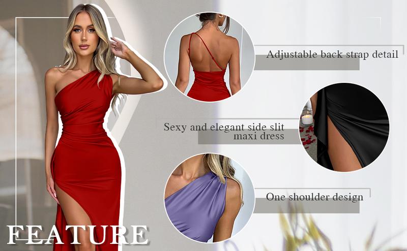OYS Women's Sexy One Shoulder Satin High Split Cocktail Fit Wedding Party Maxi Formal Dress