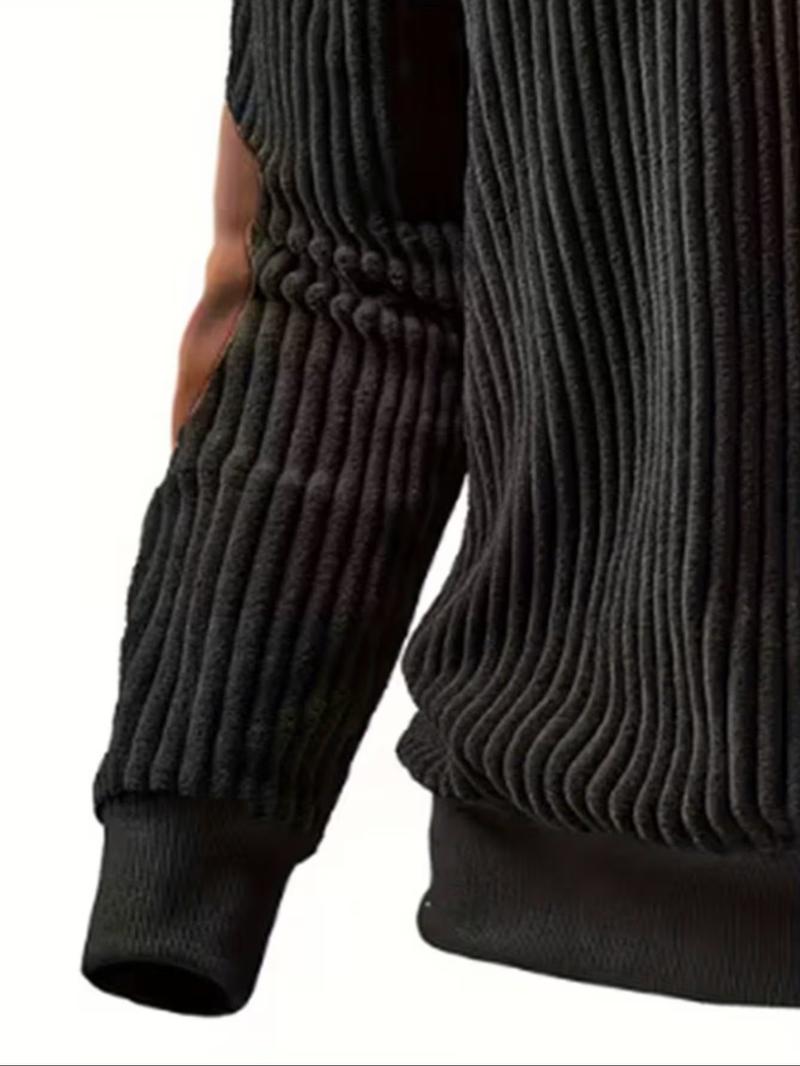 Men's Stand Collar Pullover Sweater, Autumn Winter Warm Half Zip Cow Head Print Patchwork Ribbed Vintage Streetwear