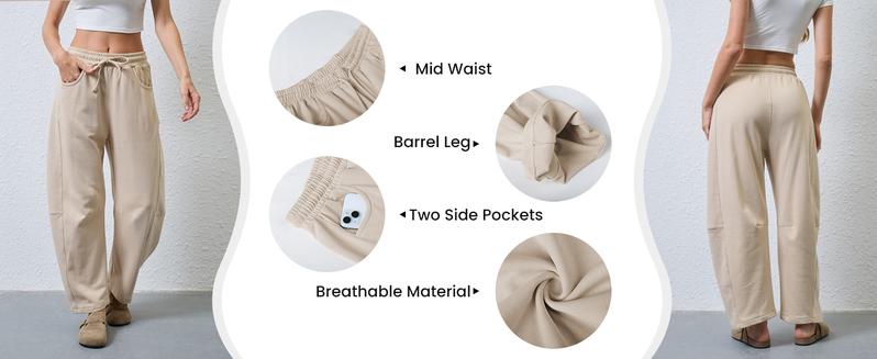 Tanming Women's Barrel Leg Pants Basic or Fleece Lined Elasticated Waistband Soft Wide Leg Pants with Pockets Casual Sweatpants FallFreshness