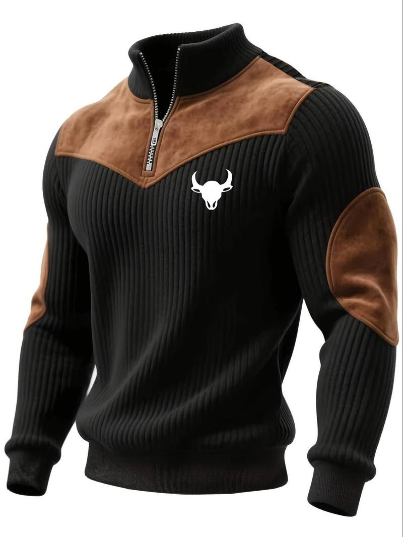 Men's Stand Collar Pullover Sweater, Autumn Winter Warm Half Zip Cow Head Print Patchwork Ribbed Vintage Streetwear