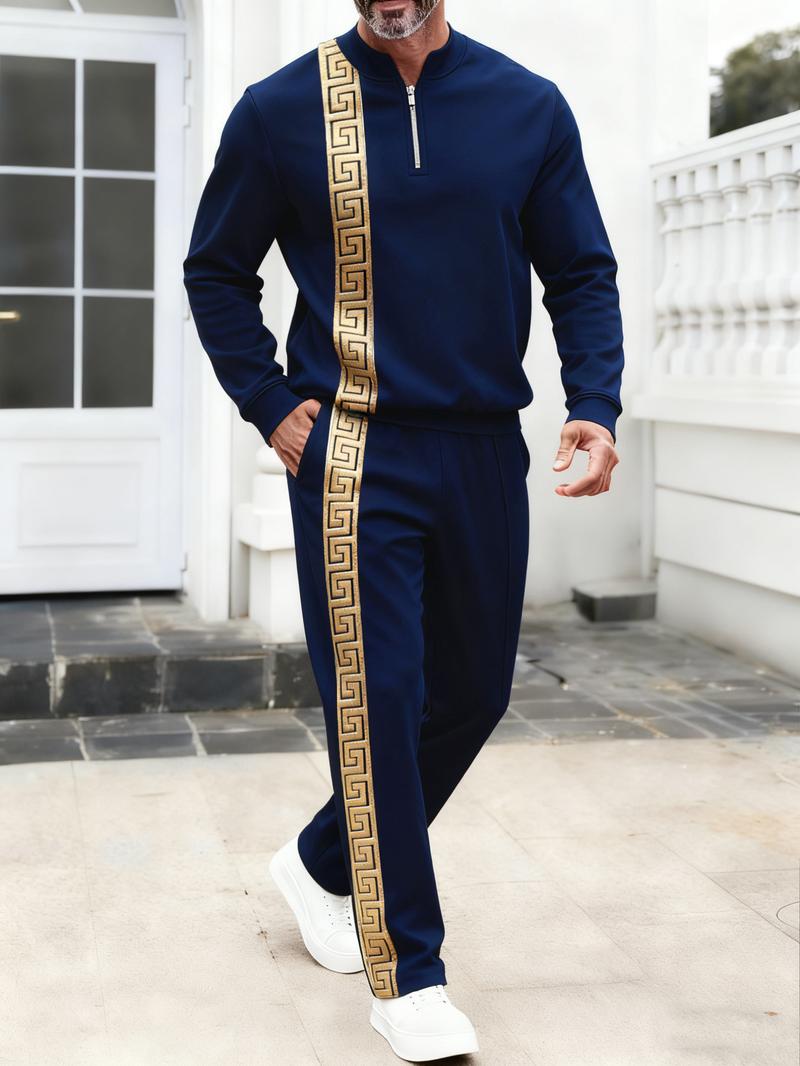 Men's fashionable casual zipper stand up collar long sleeved pants set, polyester fiber material two-piece set, pattern design, elastic waistband, suitable for vacation