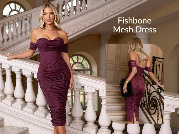 CurvySweet Women's Off The Shoulder Cocktail Midi Dress with Built-in Bra Ruched Bodycon Corset for Fall Homecoming Wedding Guest Formal Party - Sleeveless