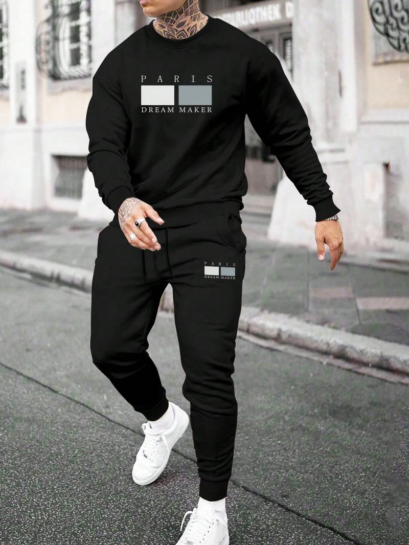 Two-piece Set&nbsp;Men's Letter Print Sweatshirt & Drawstring Waist Sweatpants, Regular Fit Round Neck Long Sleeve Pullover & Pocket Jogger Pants, Casual Fashion Cozy Breathable Men Two-piece Outfits for Fall & Winter