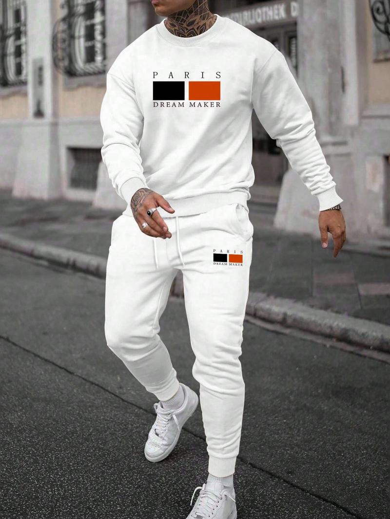 Two-piece Set&nbsp;Men's Letter Print Sweatshirt & Drawstring Waist Sweatpants, Regular Fit Round Neck Long Sleeve Pullover & Pocket Jogger Pants, Casual Fashion Cozy Breathable Men Two-piece Outfits for Fall & Winter