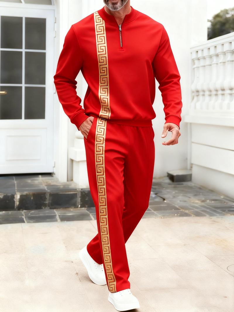 Men's fashionable casual zipper stand up collar long sleeved pants set, polyester fiber material two-piece set, pattern design, elastic waistband, suitable for vacation