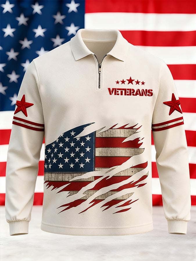 Men'S Casual Veterans Memorial Print Long-Sleeved Polo Shirt