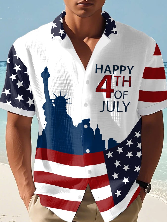 Men'S Independence Day Printed Casual Waffle Shirt(With Pockets)