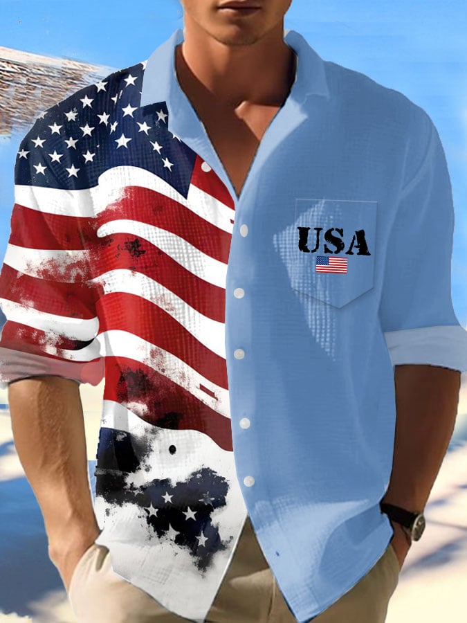 Men's Casual Contrast Color Independence Day Waffle Long Sleeve Shirt