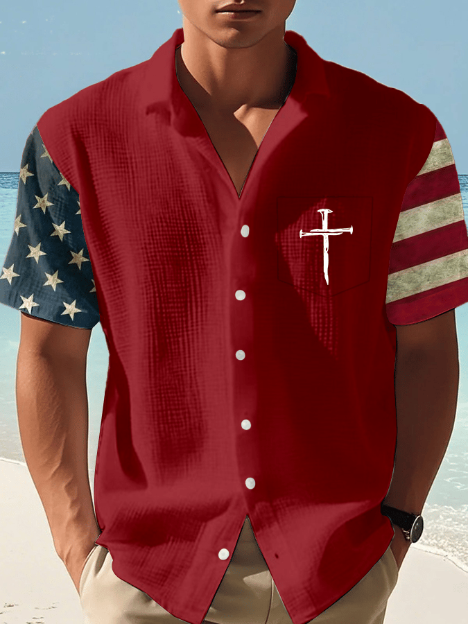Men's Independence Day Faith Print Casual Waffle Shirt  (With Chest Pocket)
