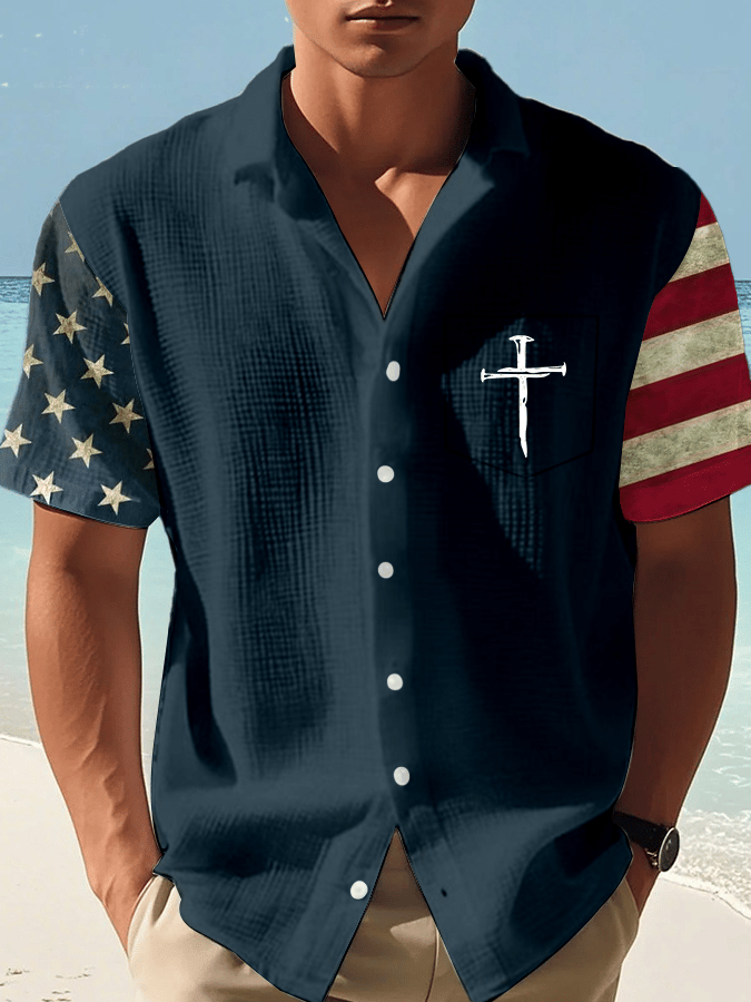 Men's Independence Day Faith Print Casual Waffle Shirt  (With Chest Pocket)