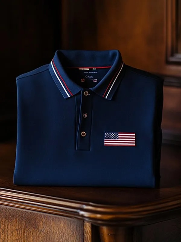 Men's Business Casual Striped Independence Day Button Short Sleeve Polo Shirt