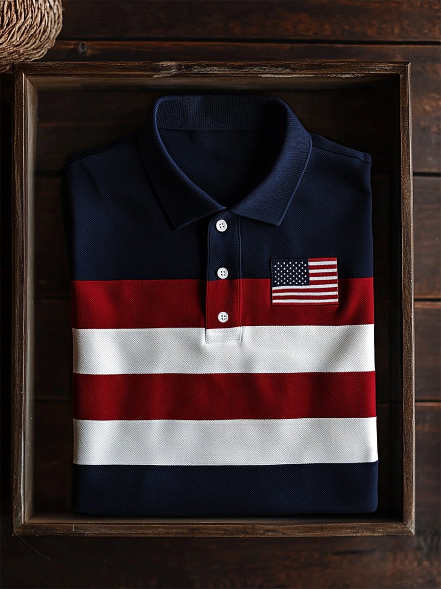 Men's Business Casual Independence Day Striped Button Short Sleeve Polo Shirt