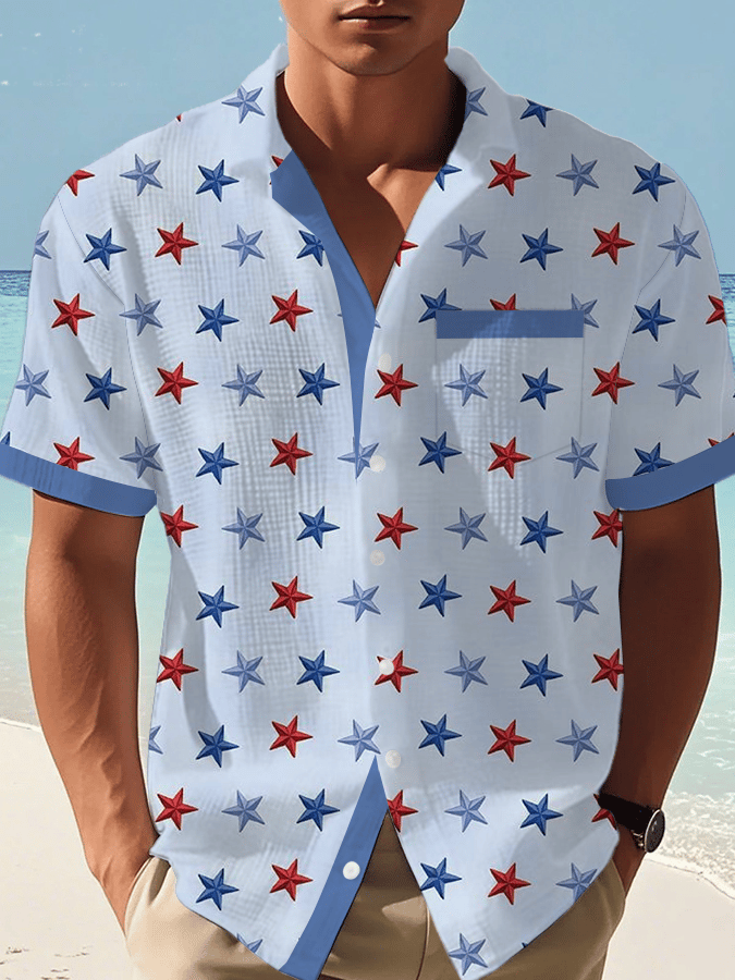 Men's Independence Day Star Print Casual Waffle Shirt (With Chest Pocket)