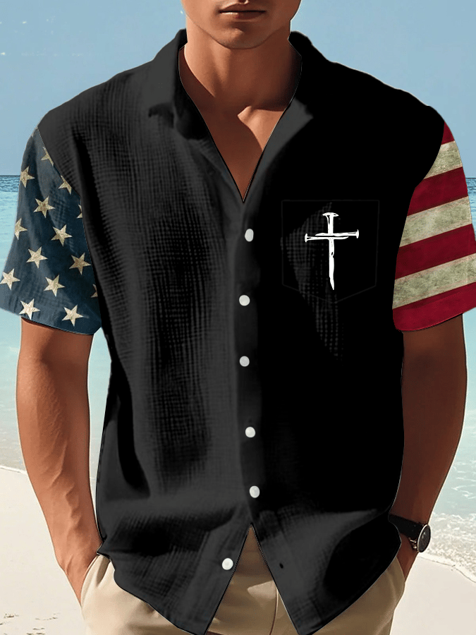 Men's Independence Day Faith Print Casual Waffle Shirt  (With Chest Pocket)