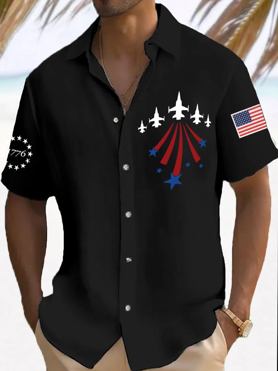 Men's Retro Independence Day Airplane 1776 Print Shirt
