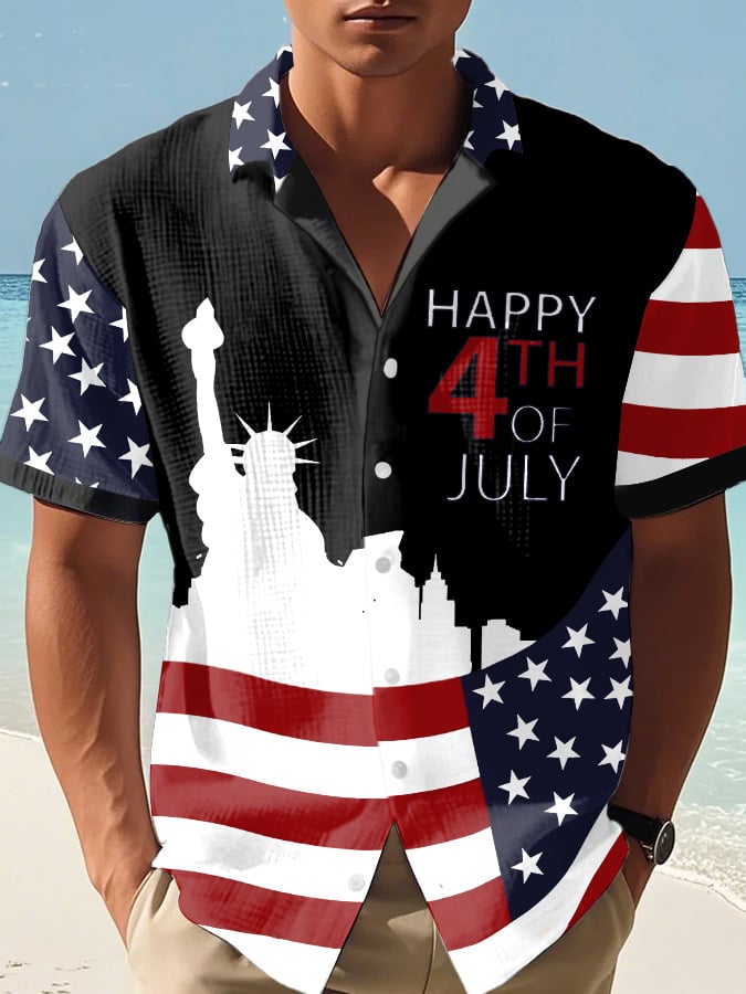 Men'S Independence Day Printed Casual Waffle Shirt(With Pockets)