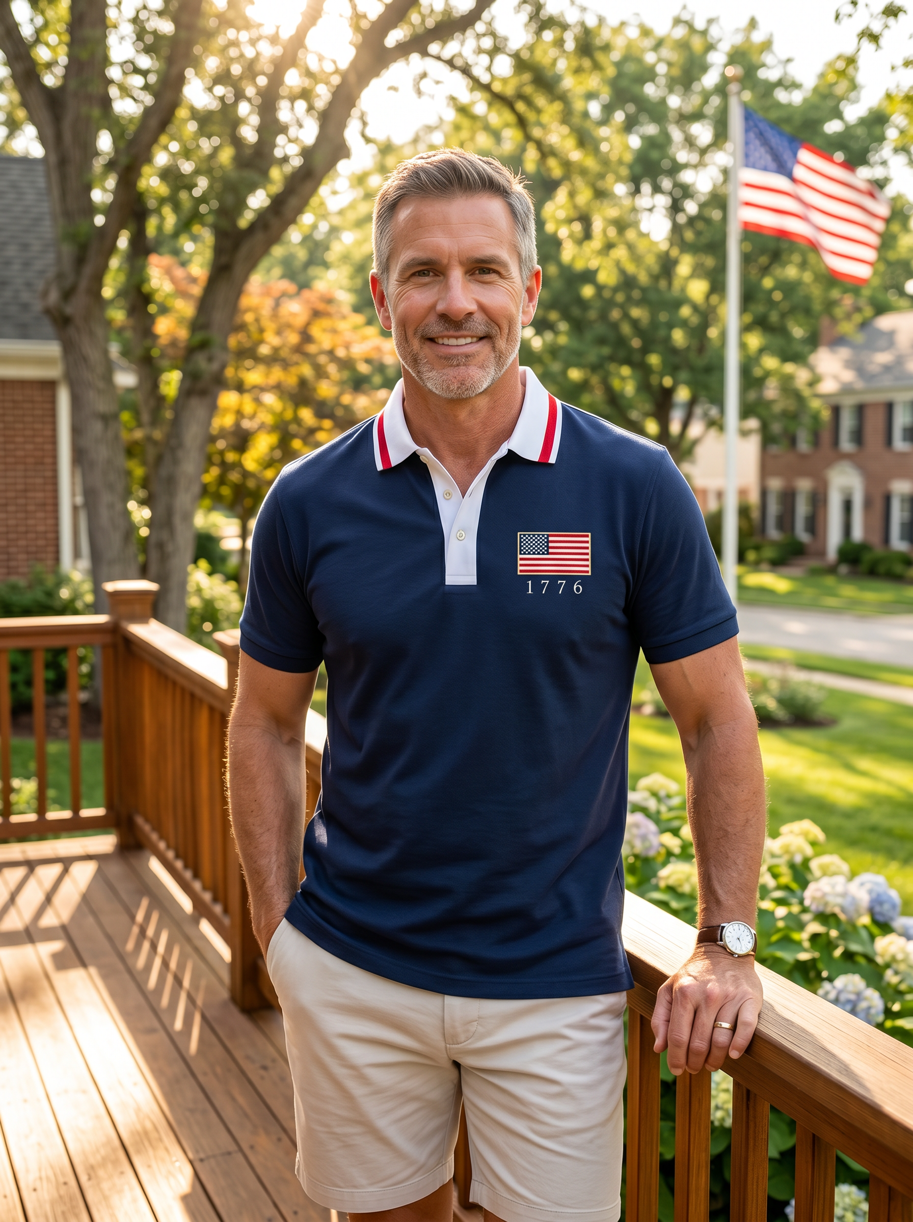 Men's Business Casual Striped Independence Day Button Short Sleeve Polo Shirt