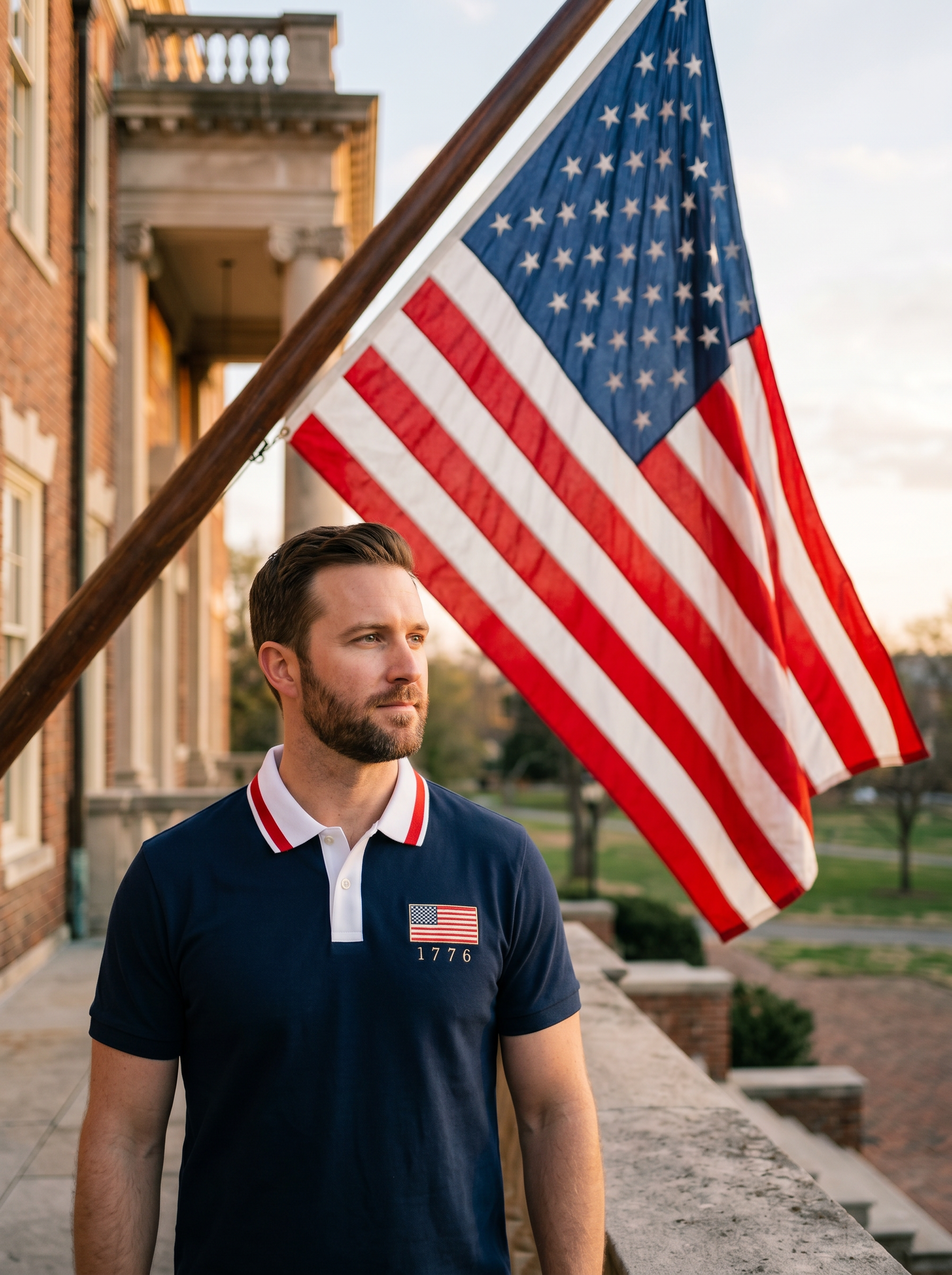 Men's Business Casual Striped Independence Day Button Short Sleeve Polo Shirt