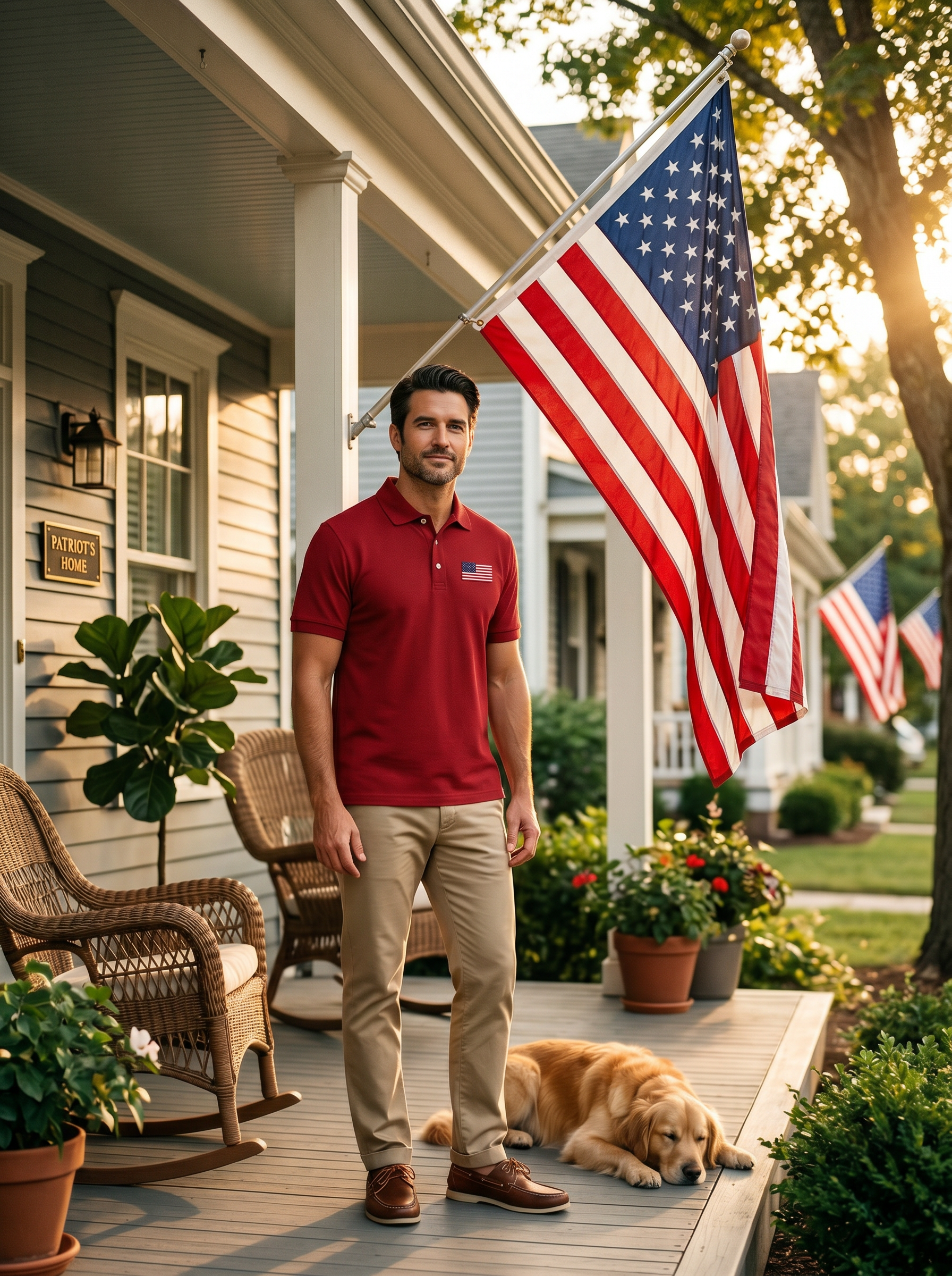 Men's Business Casual Striped Independence Day Button Short Sleeve Polo Shirt