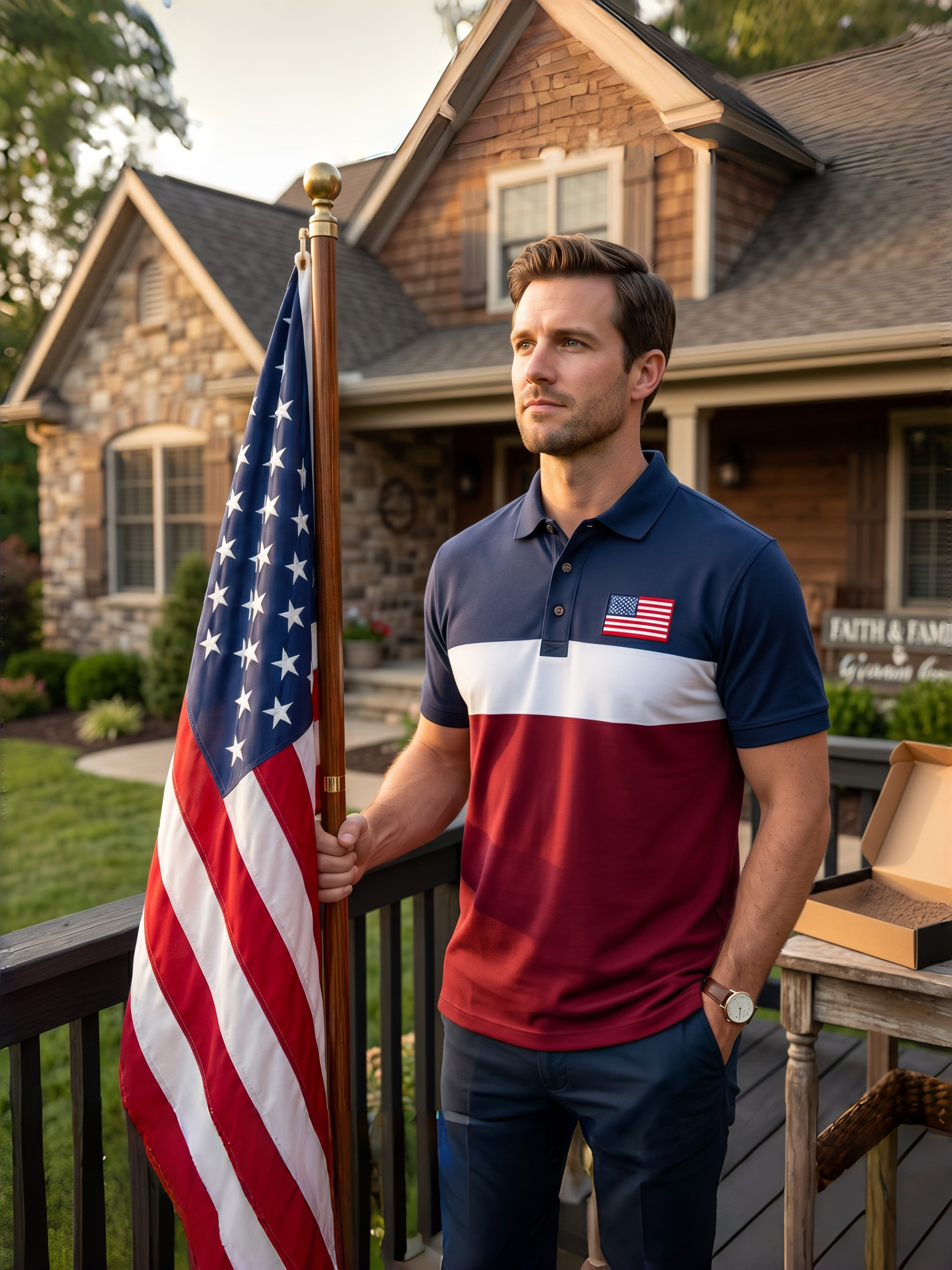 Men's Business Casual Striped Independence Day Button Short Sleeve Polo Shirt