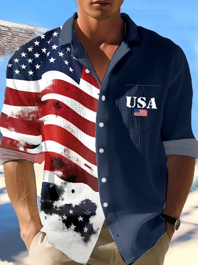 Men's Casual Contrast Color Independence Day Waffle Long Sleeve Shirt
