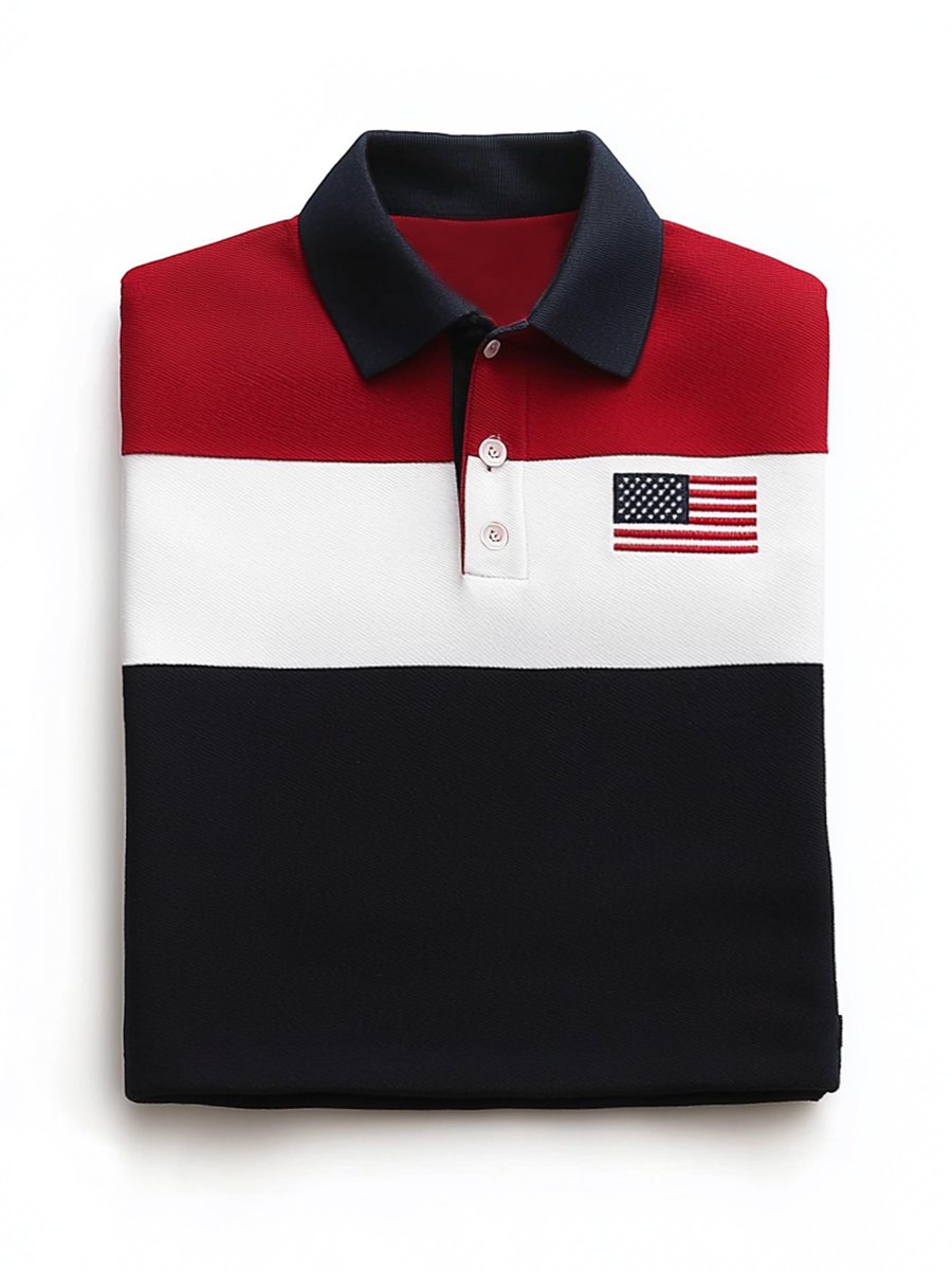 Men's Business Casual Striped Independence Day Button Short Sleeve Polo Shirt